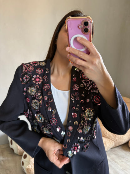 Blazer pietre nere fiore strass