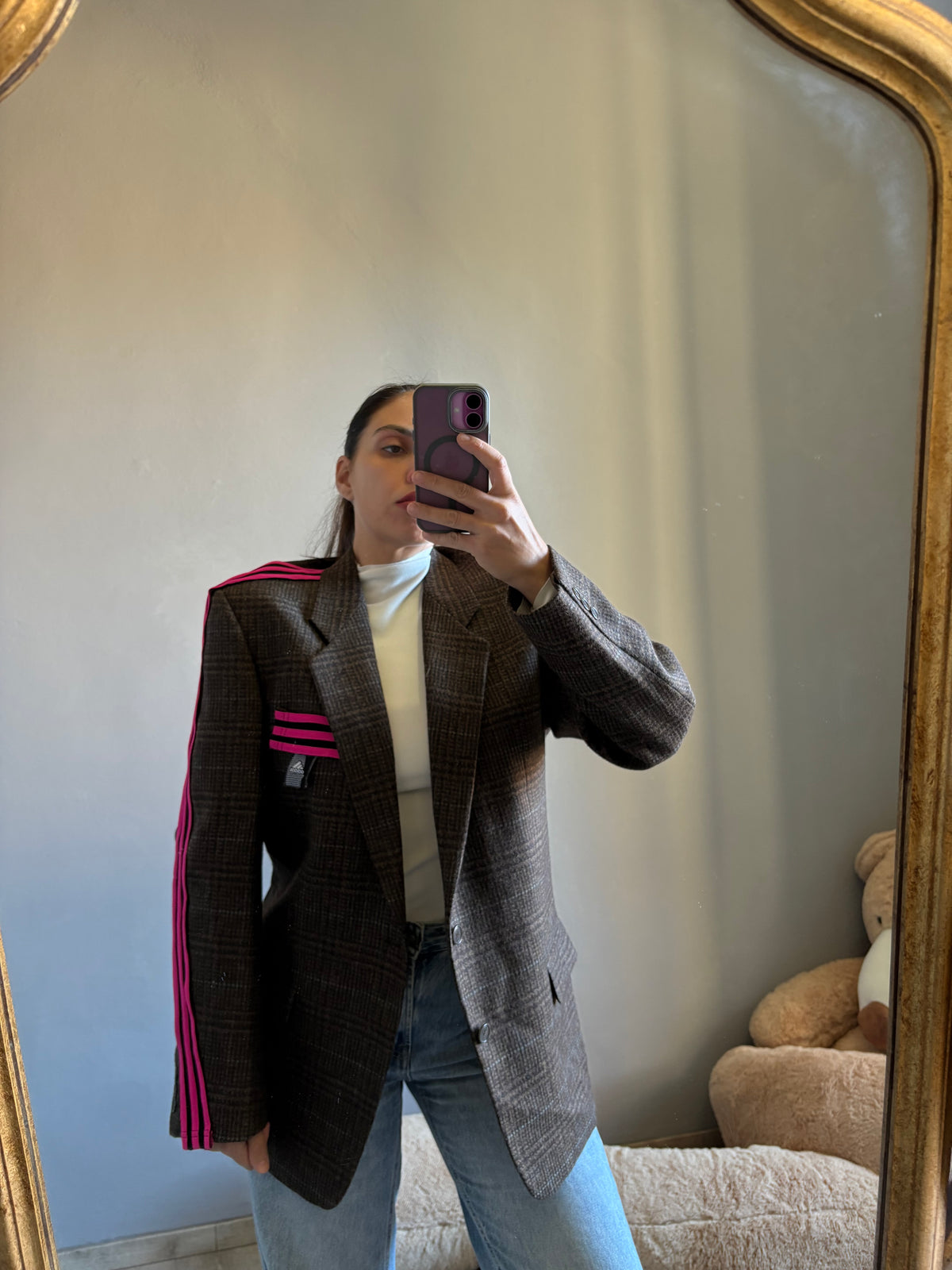 Blazer a quadri con nastro nero/fucsia