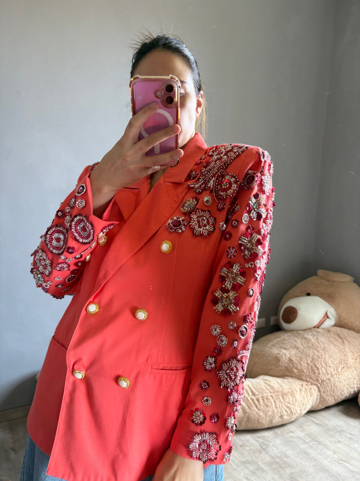 Blazer corallo doppiopetto pietre