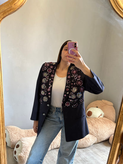Blazer pietre nere fiore strass