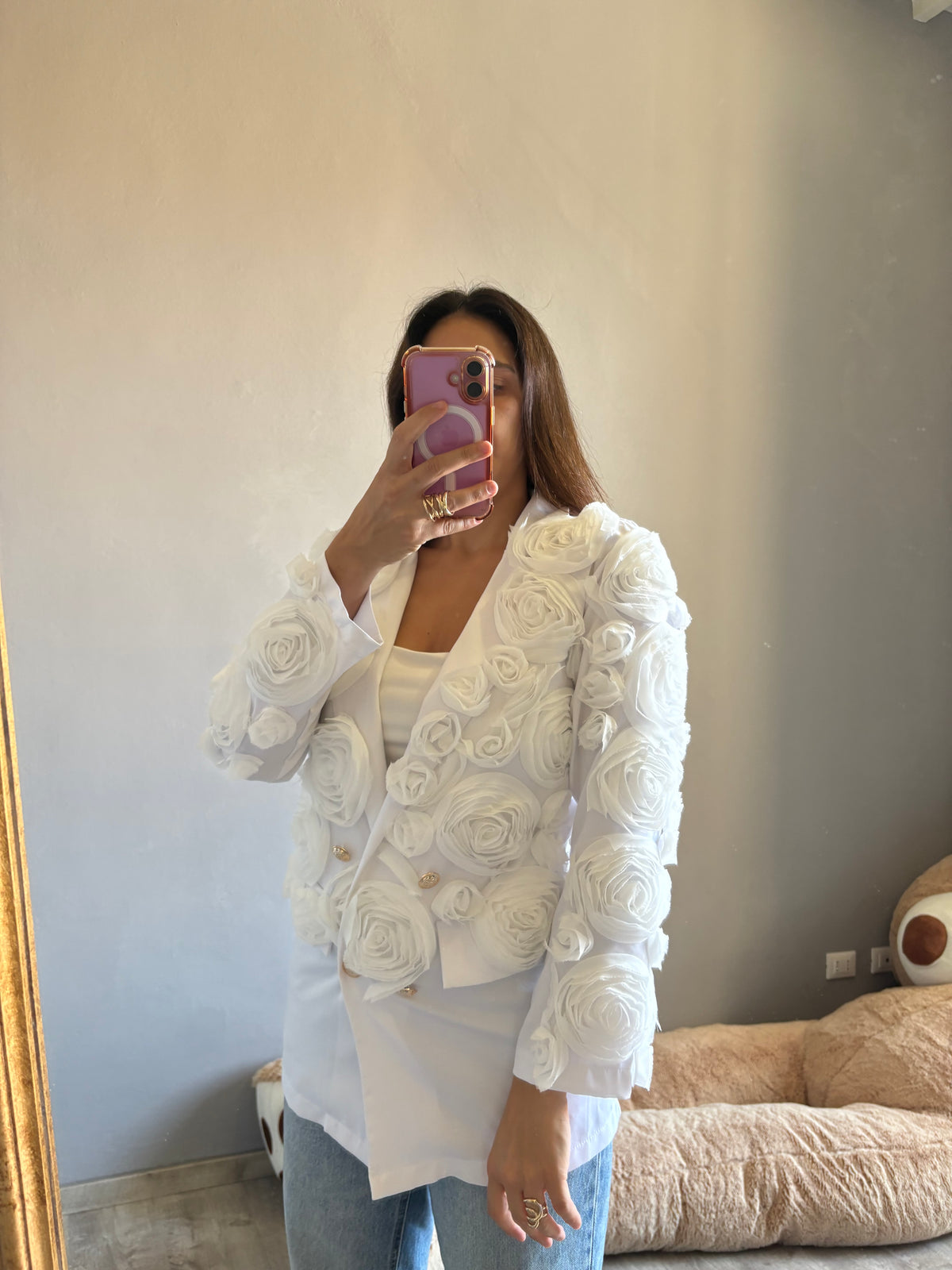Blazer doppiopetto rose bianche