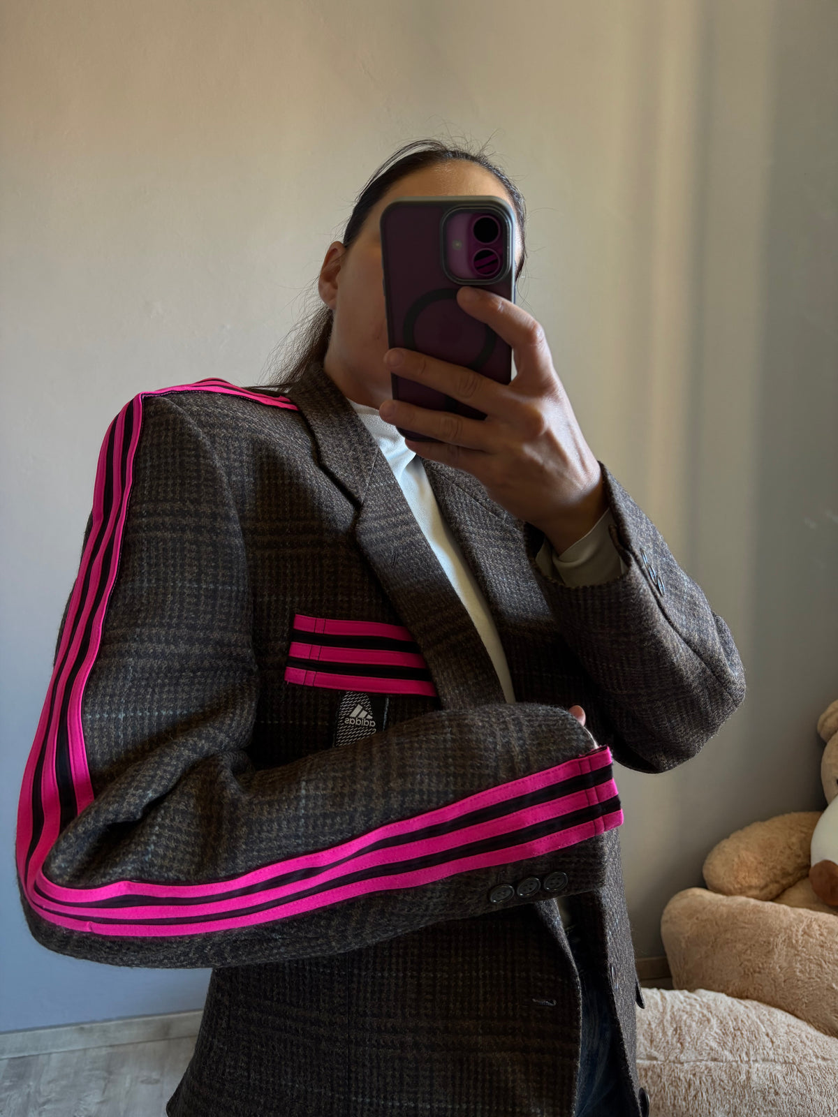 Blazer a quadri con nastro nero/fucsia