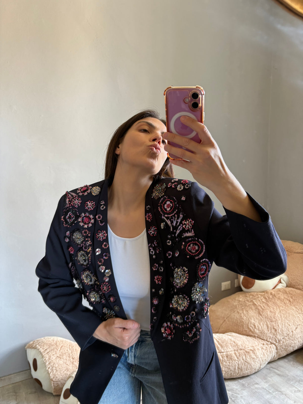 Blazer pietre nere fiore strass