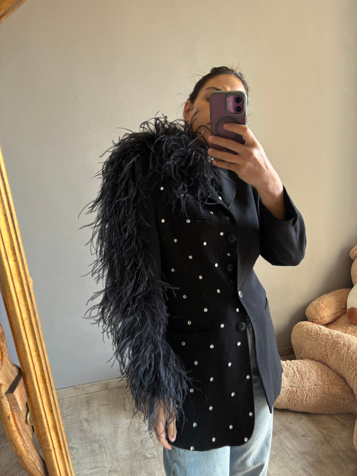 Blazer piuma struzzo con mini strass