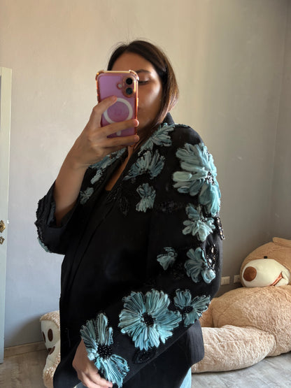 Blazer fiore celeste e mini pietre nere