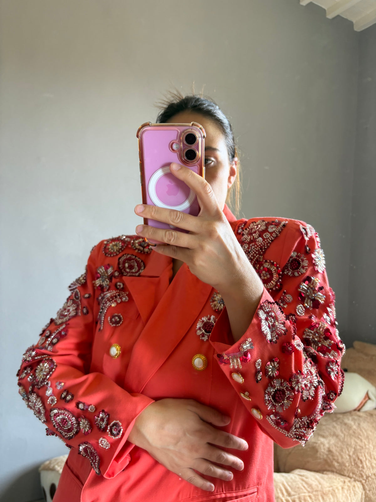 Blazer corallo doppiopetto pietre
