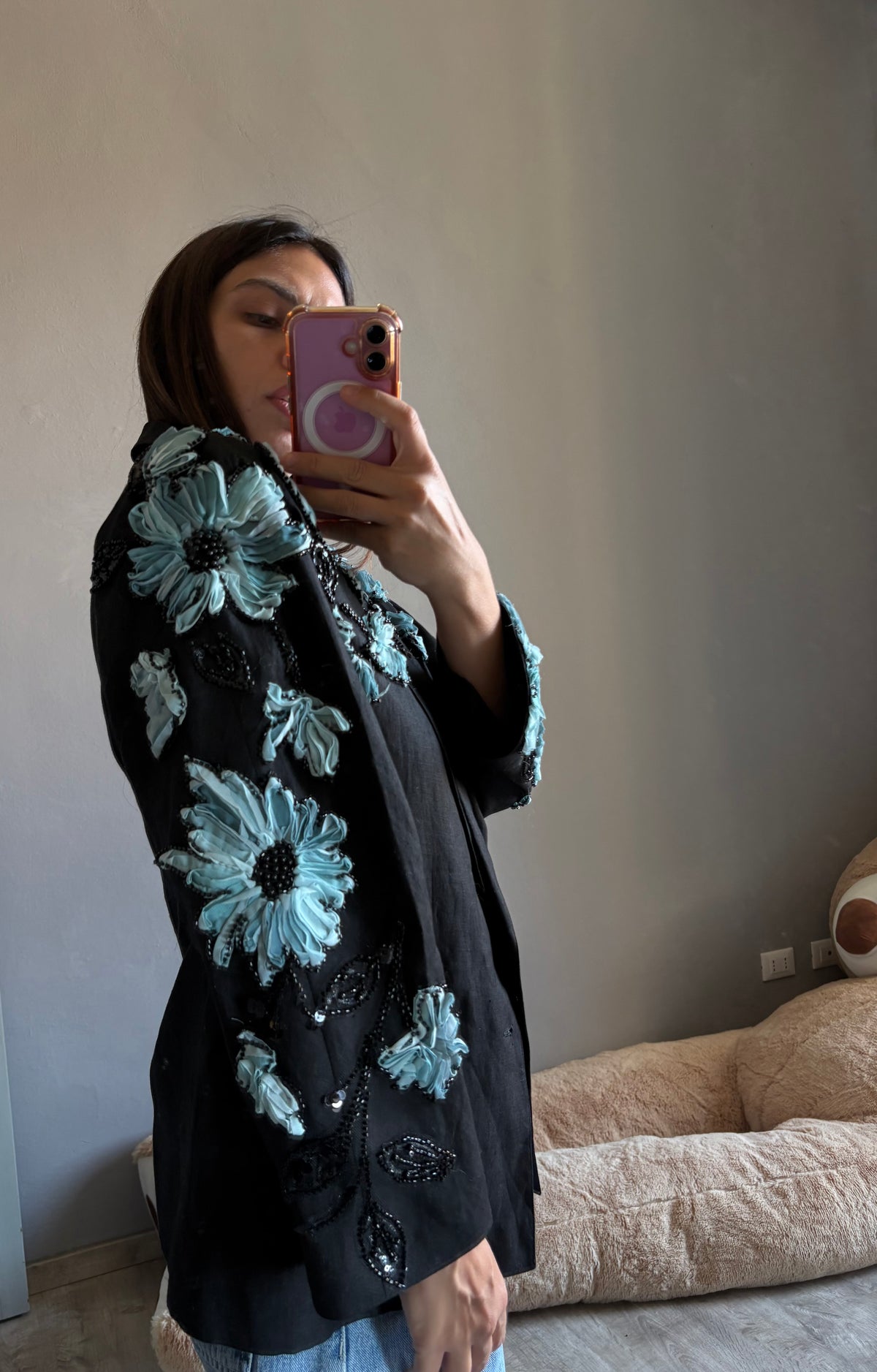 Blazer fiore celeste e mini pietre nere