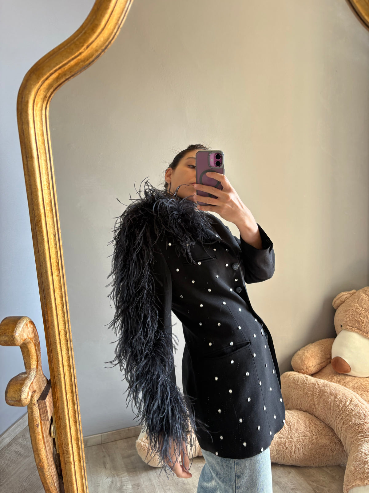 Blazer piuma struzzo con mini strass