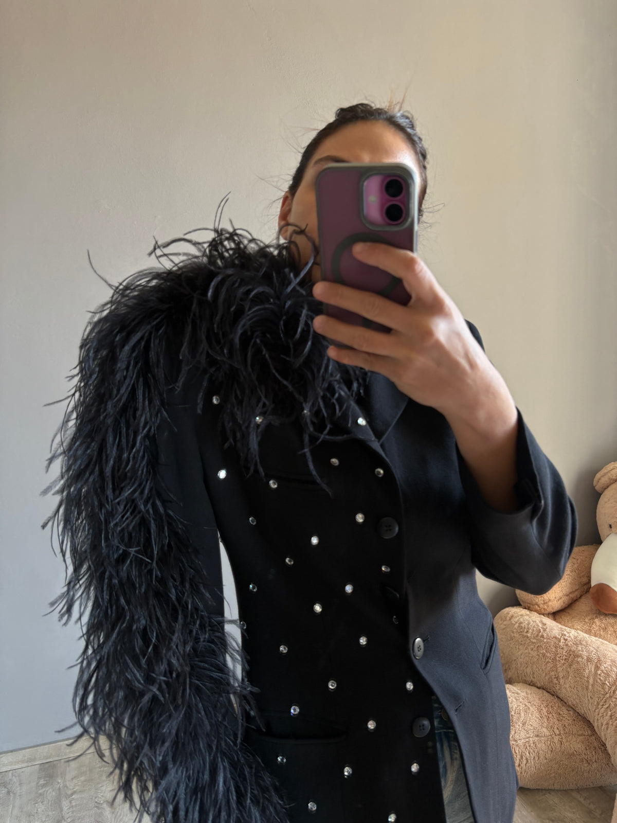 Blazer piuma struzzo con mini strass