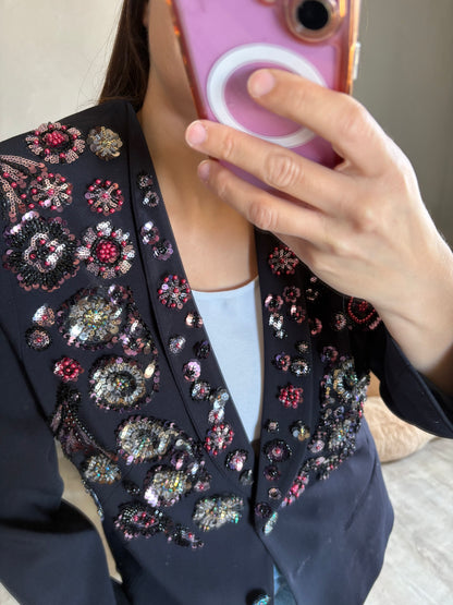 Blazer pietre nere fiore strass