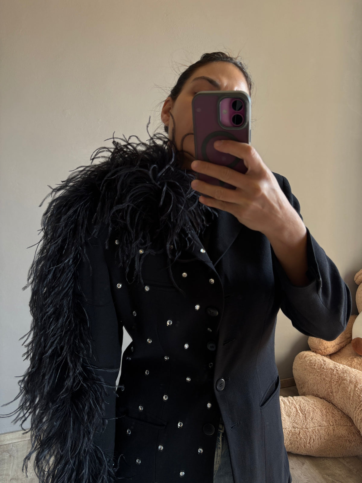 Blazer piuma struzzo con mini strass