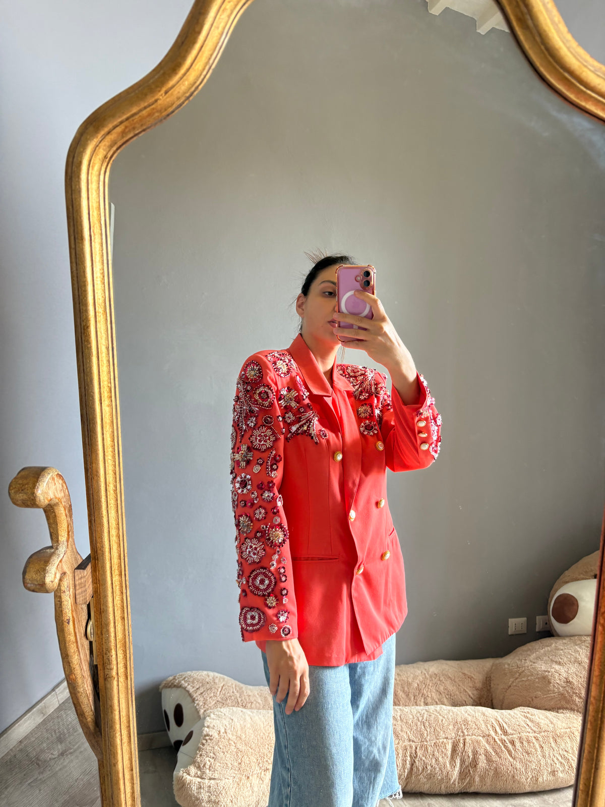 Blazer corallo doppiopetto pietre