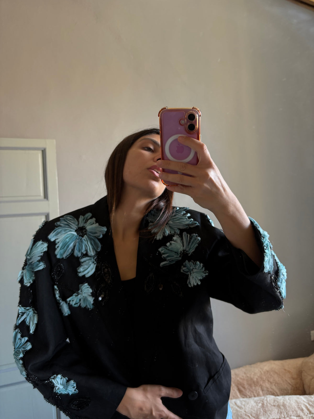 Blazer fiore celeste e mini pietre nere
