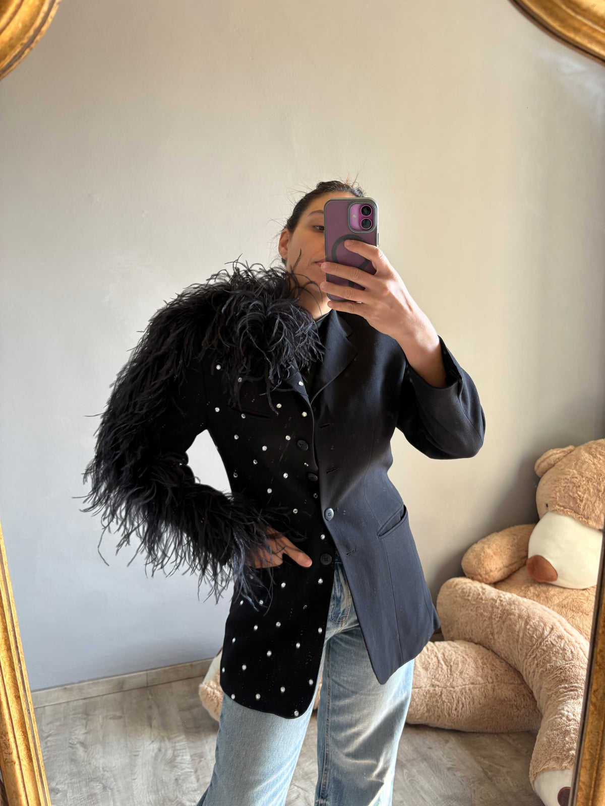 Blazer piuma struzzo con mini strass