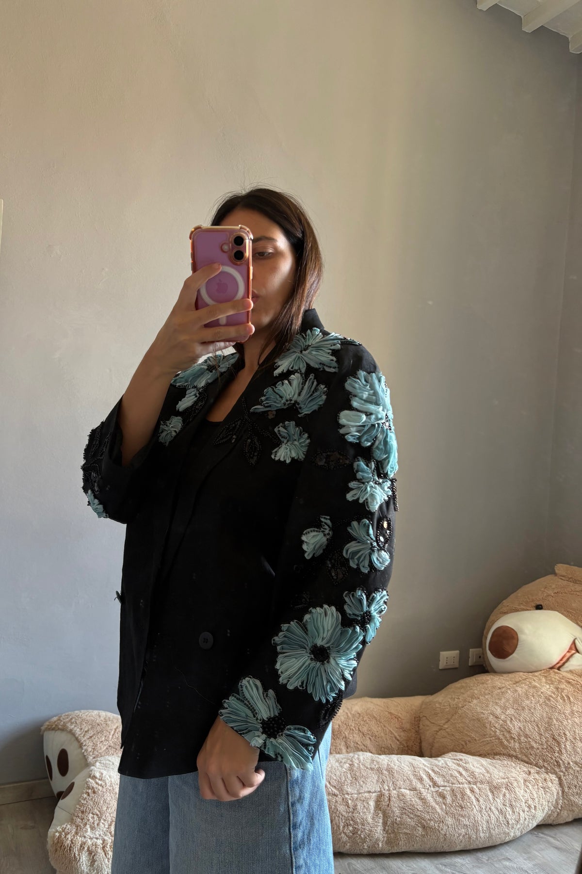 Blazer fiore celeste e mini pietre nere