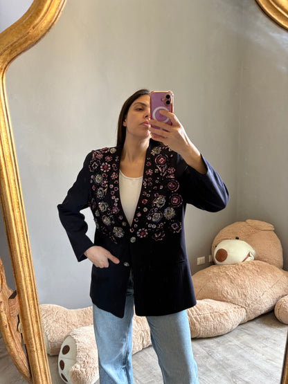 Blazer pietre nere fiore strass