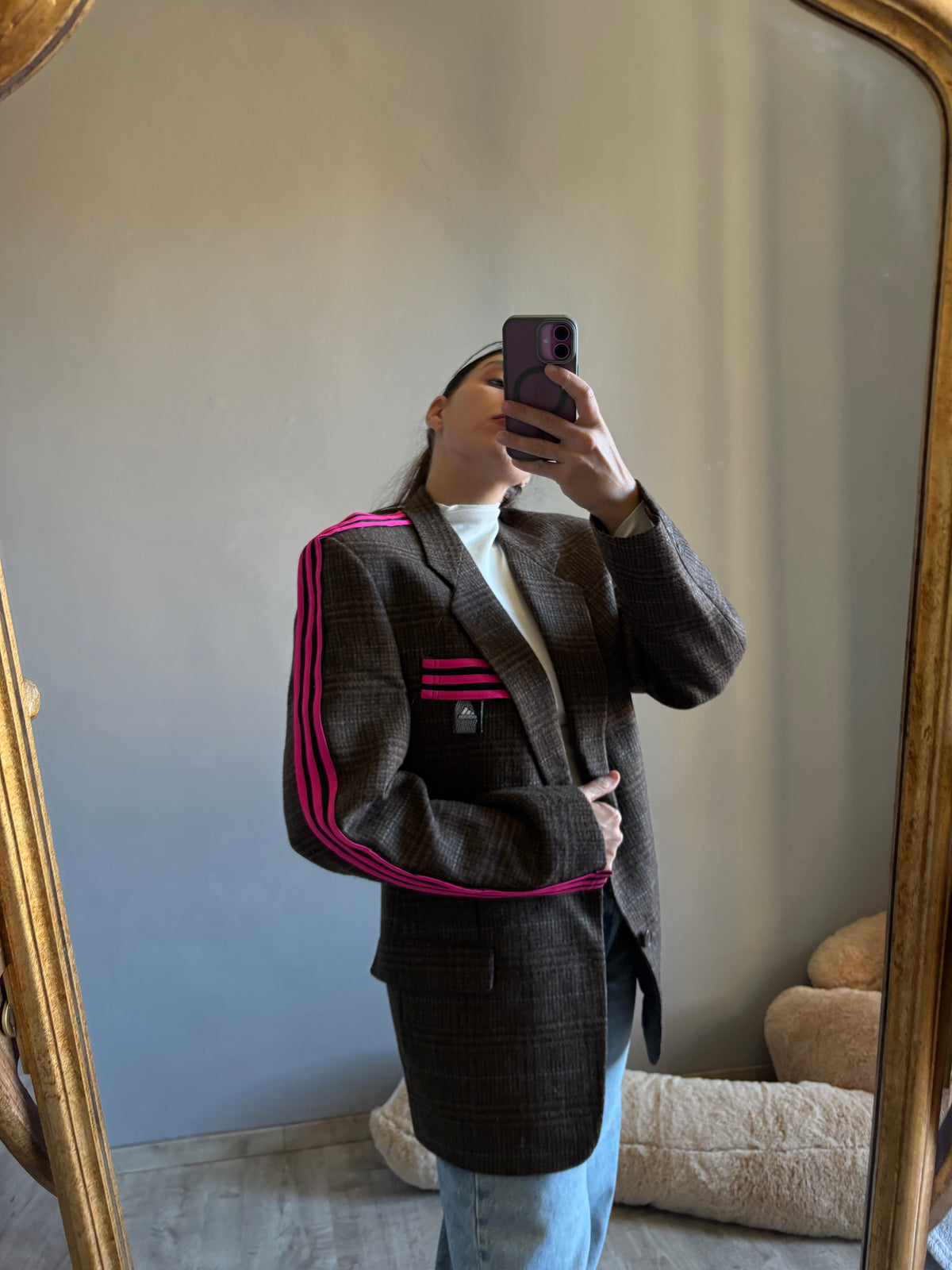 Blazer a quadri con nastro nero/fucsia